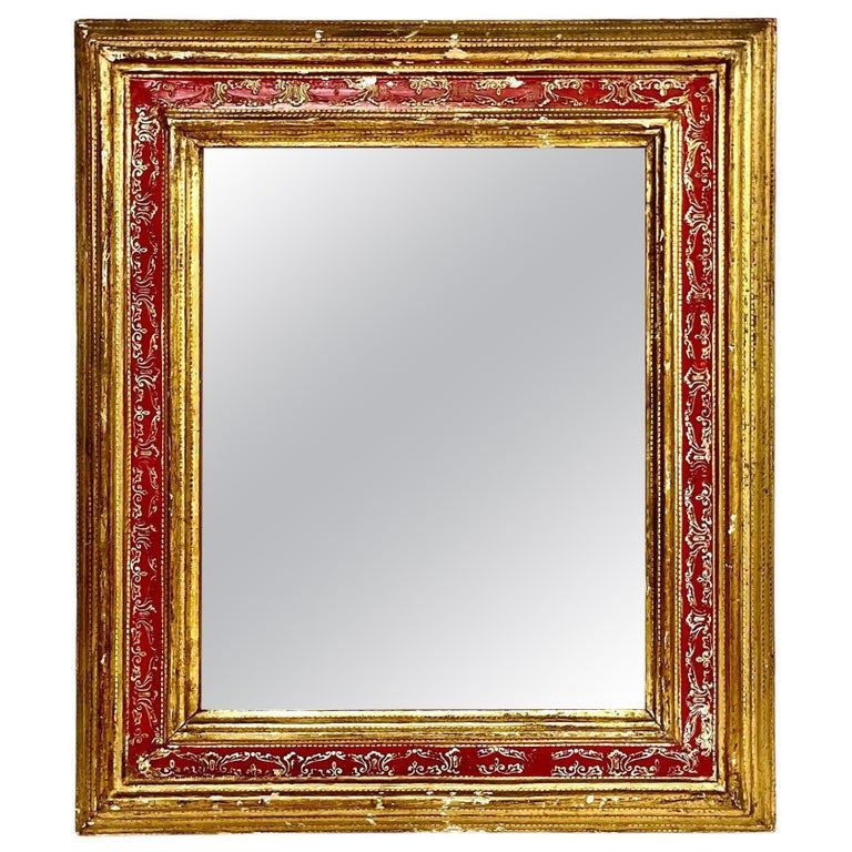 Miroir mural français en bois doré et laqué rouge, années 1900