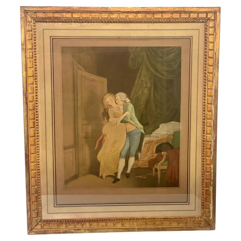 Lithographie française ancienne dans un cadre doré « La Douce Résistance »
