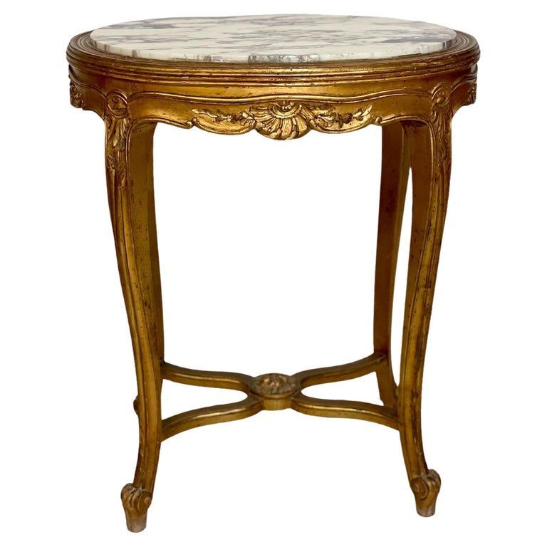 Table centrale Louis XV en bois doré du XIXe siècle avec plateau en marbre