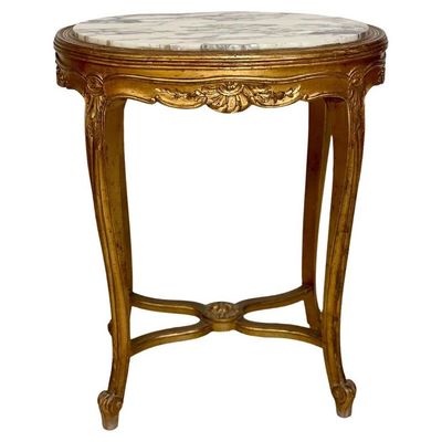 Table centrale Louis XV en bois doré du XIXe siècle avec plateau en marbre