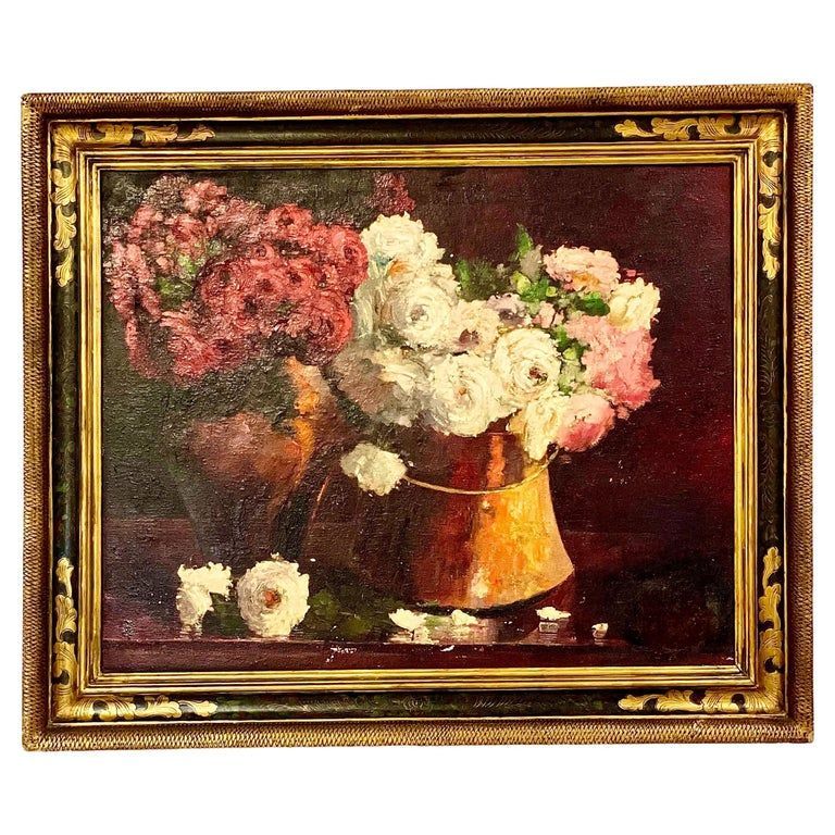 Peinture française du XIXe siècle, huile sur toile, « Fleurs et cuivre »