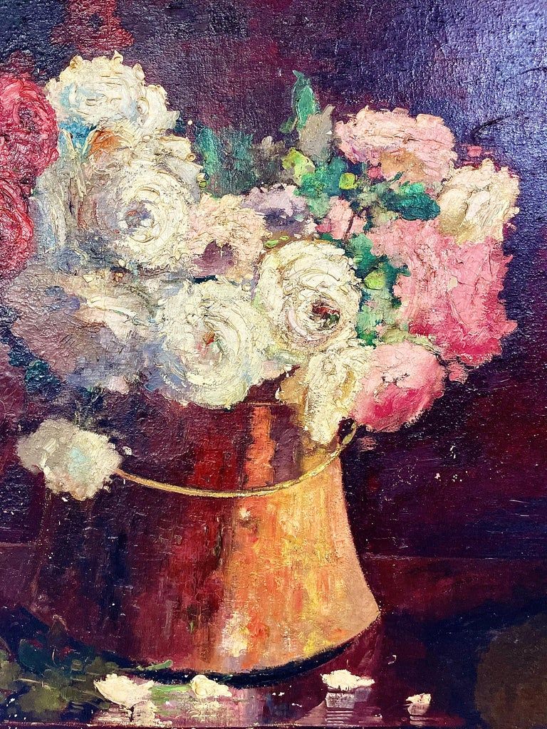 Peinture française du XIXe siècle, huile sur toile, « Fleurs et cuivre »