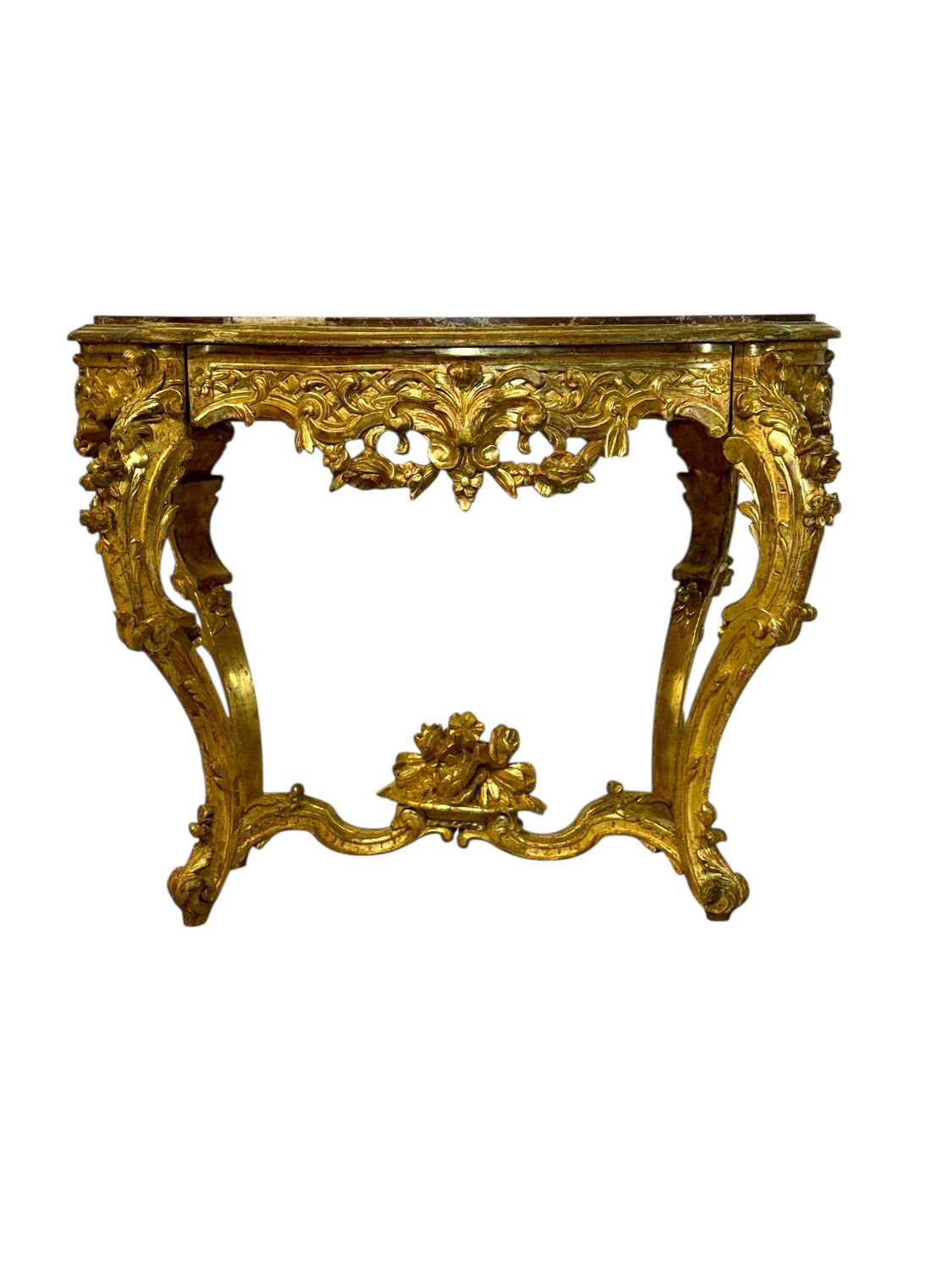 Table de Milieu en bois doré de style Louis XV avec plateau en marbre Brèche, XIXe siècle