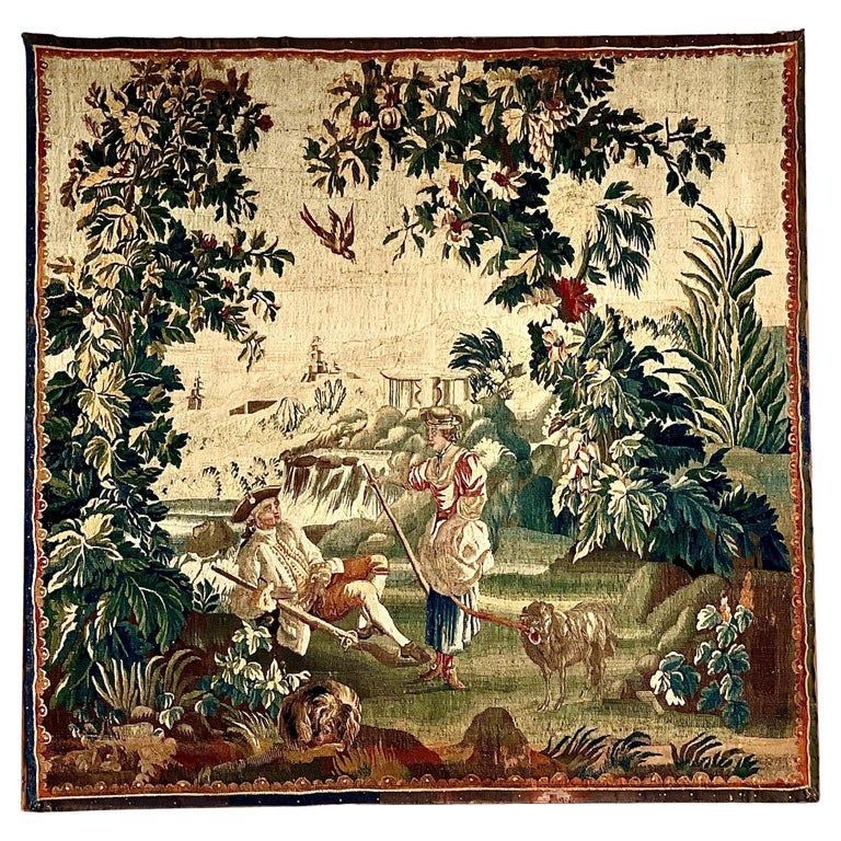 Tapisserie pastorale Aubusson rare et raffinée, France, XVIIIe siècle