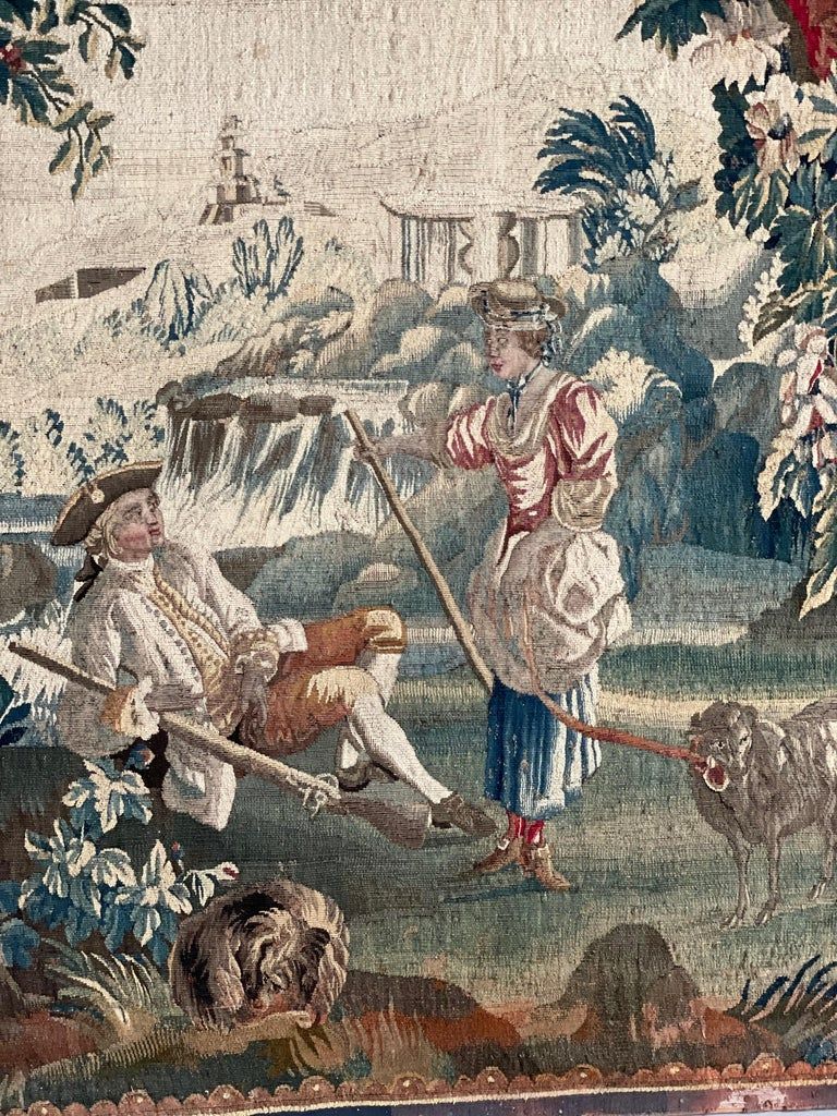 Tapisserie pastorale Aubusson rare et raffinée, France, XVIIIe siècle