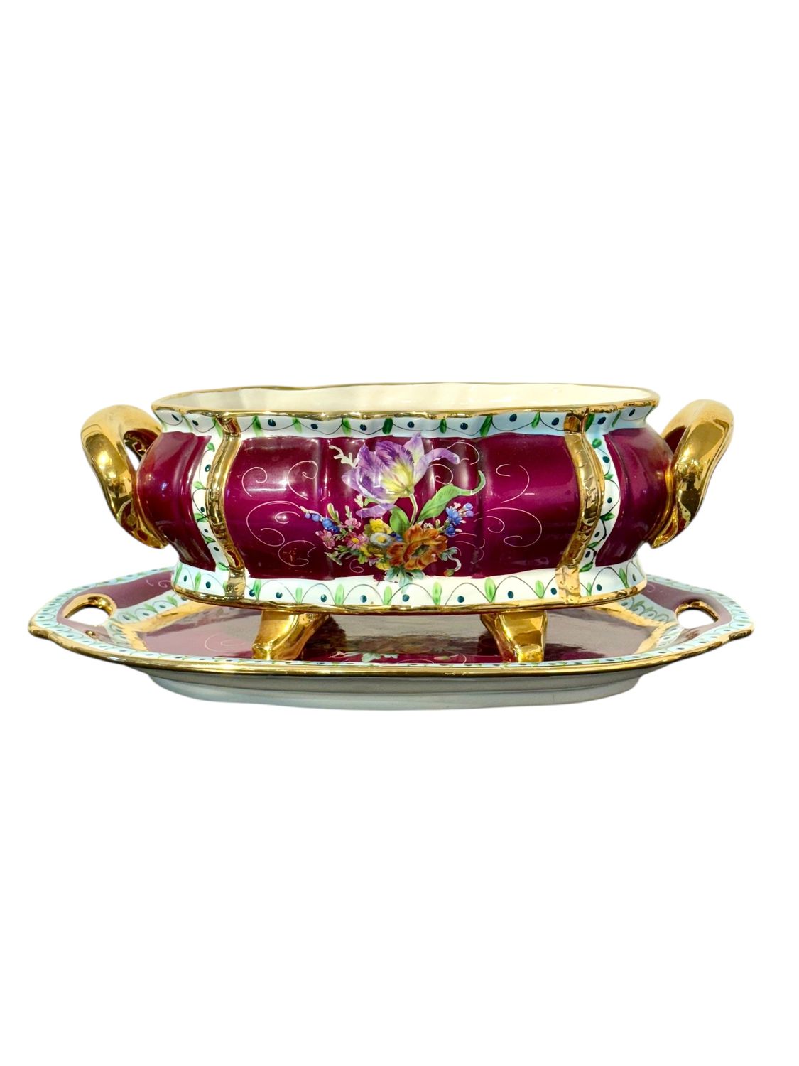 Centre de table en porcelaine peinte à la main du XIXe siècle avec plateau assorti