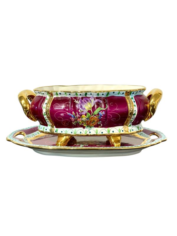 Centre de table en porcelaine peinte à la main du XIXe siècle avec plateau assorti