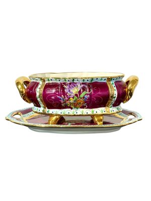 Centre de table en porcelaine peinte à la main du XIXe siècle avec plateau assorti