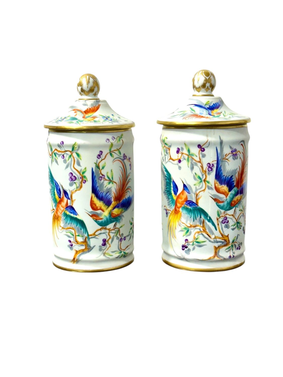 Paire de pots d'apothicaire Le Tallec Paris, oiseaux peints à la main et dorure