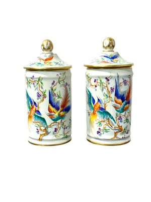 Paire de pots d'apothicaire Le Tallec Paris, oiseaux peints à la main et dorure