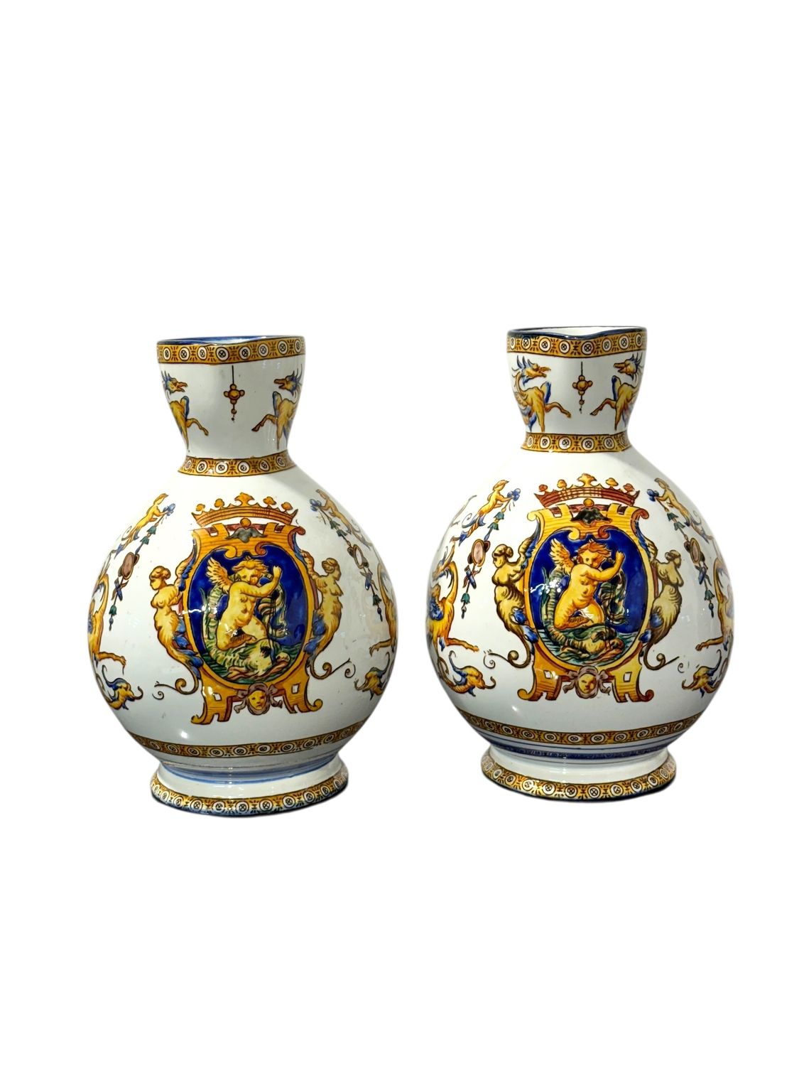 Pair of Gien Renaissance Revival Faience Pitchers, 19th Century