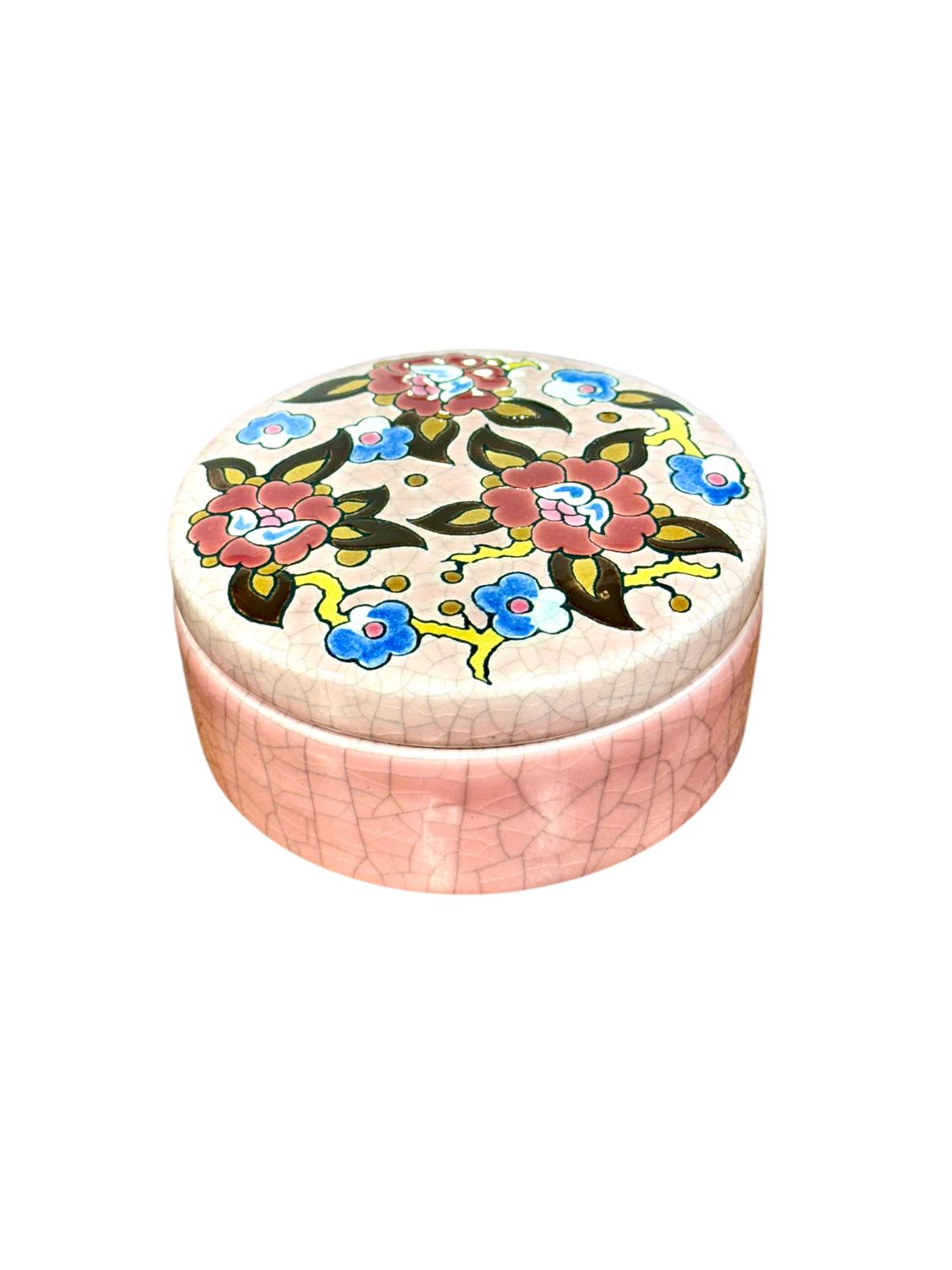 Longwy Pink Crackle Glazed Box with Floral Décor, Signed M.P. Chevallier