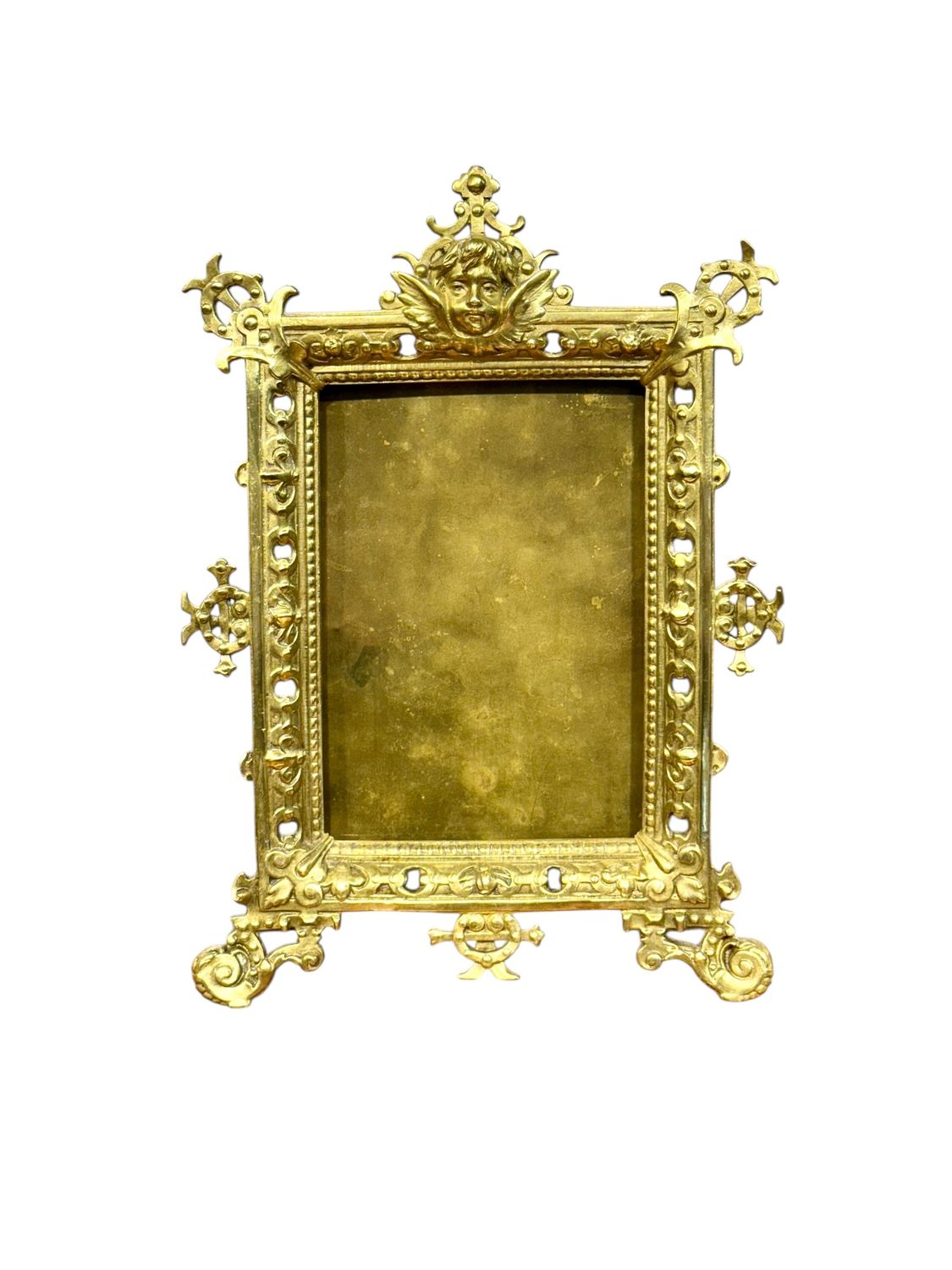 Ornate 19th-Century Gilt Bronze Tabletop Frame with Cherub Motif