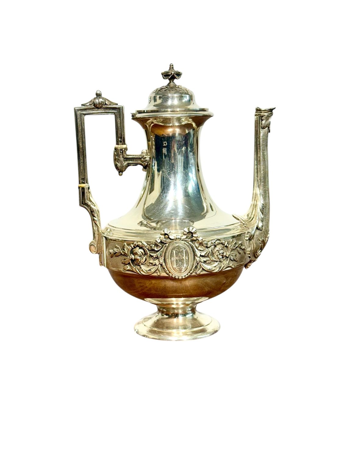 Antique French Solid Silver Coffee Pot with Garlands and Monogram, circa 1840