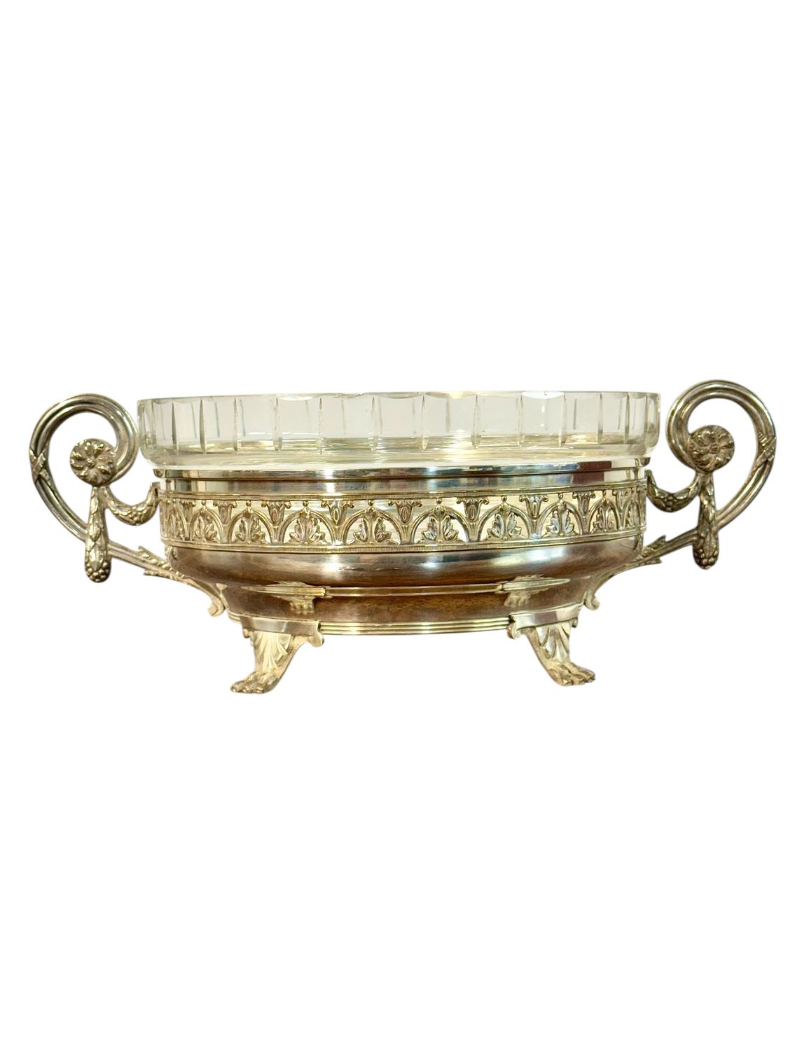 Centre de table français en métal argenté avec coupe en cristal taillé, style Saint-Louis