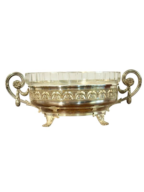 Centre de table français en métal argenté avec coupe en cristal taillé, style Saint-Louis