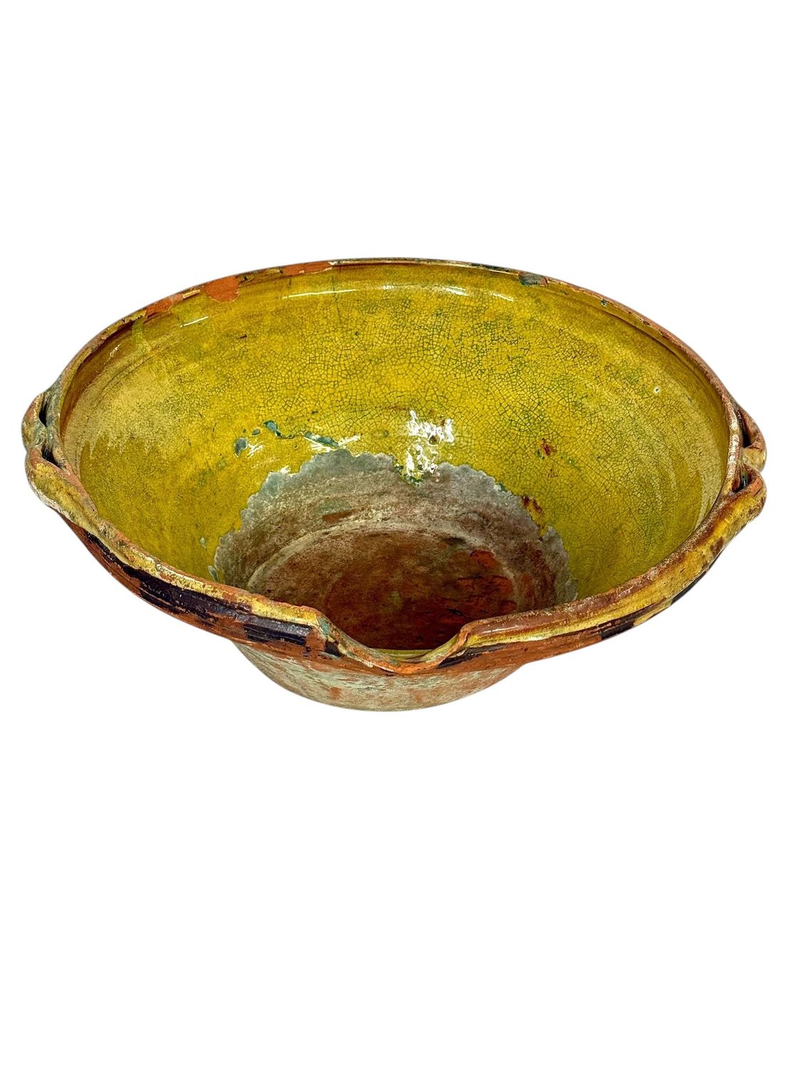 19th Century Large French Terracotta Bowl with Yellow Rustic Patina