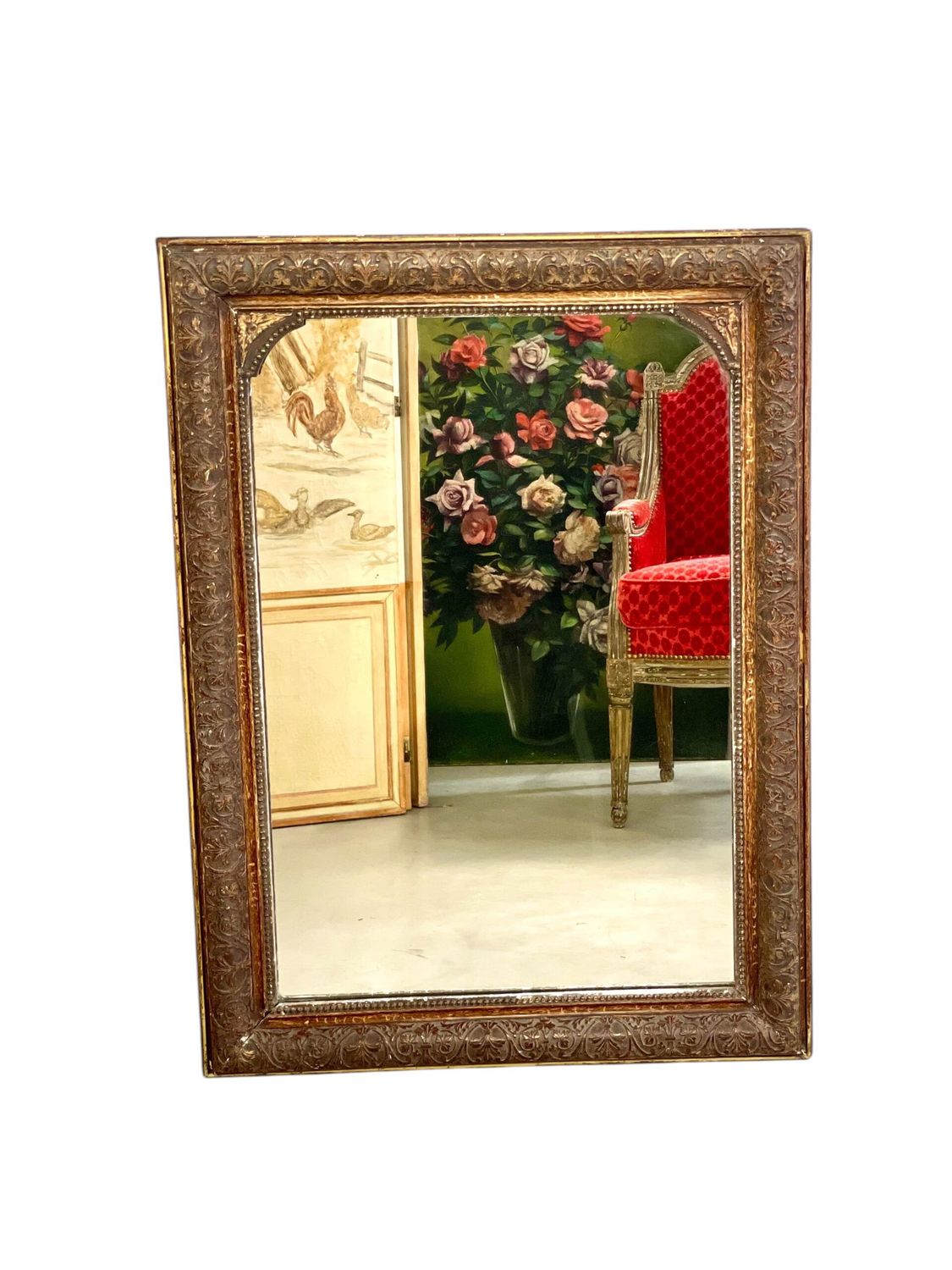 Patinated Giltwood Mirror with Ornate Carved Frame, 19th Century
