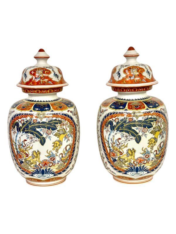 Pair of Chinese Polychrome Porcelain Lidded Vases