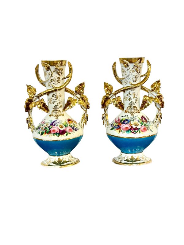 Pair of 19th C. Paris Porcelain Vases with Gilt Handles and Floral Painting