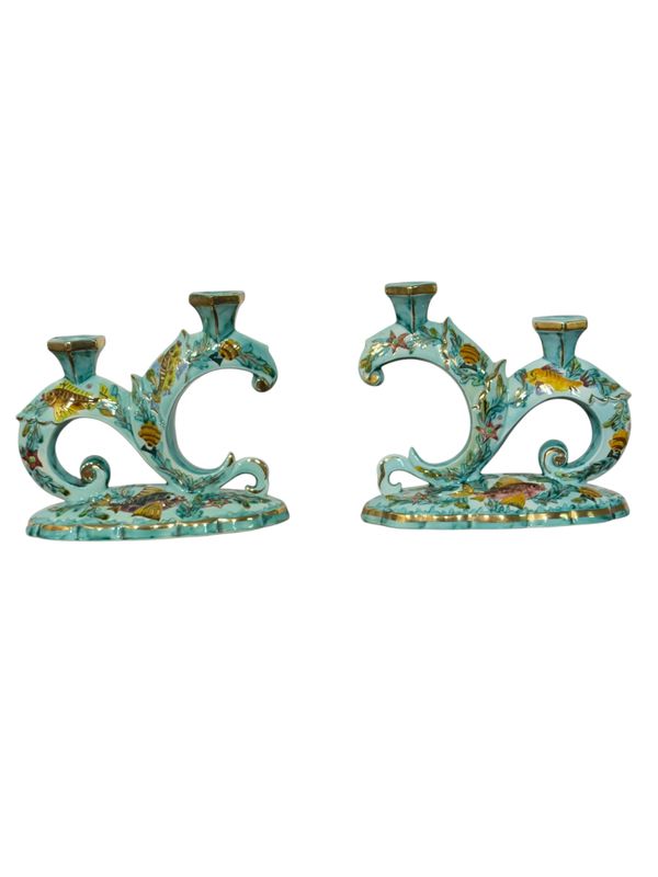 Rare Signed Monaco Majolica Double Candlesticks with Marine Décor