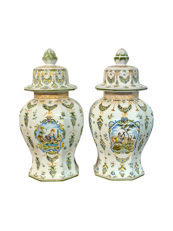 Pair of Hand-Painted Moustiers Faience Lidded Vases Signed Lallier