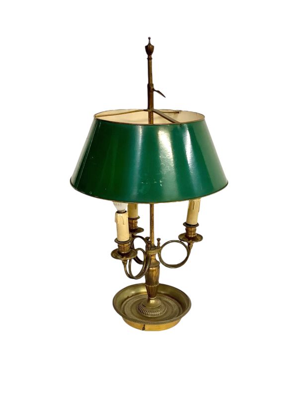 19th Century Bouillotte Lamp with Green Tole Shade and Bronze Base