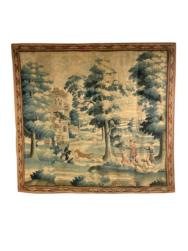 Grande tapisserie Aubussson "Verdure" du XVIIIe siècle avec scène pastorale et attaque de loup
