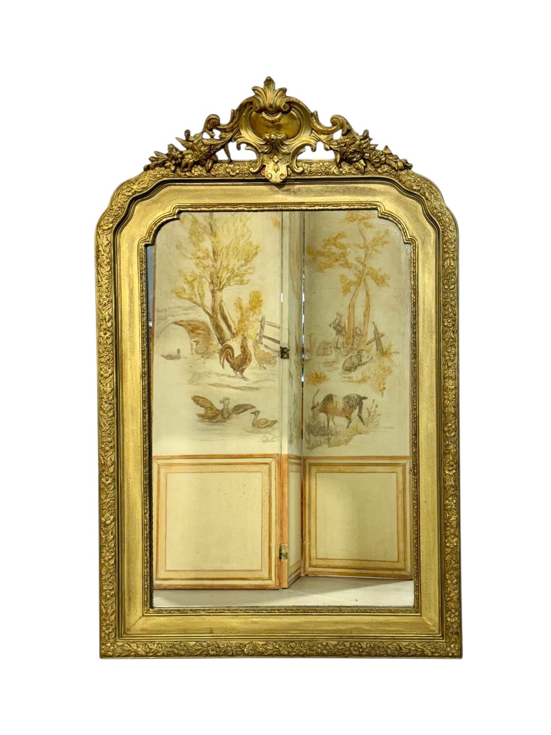 19th Century French Gilded Mirror with Floral Crest and Original Glass