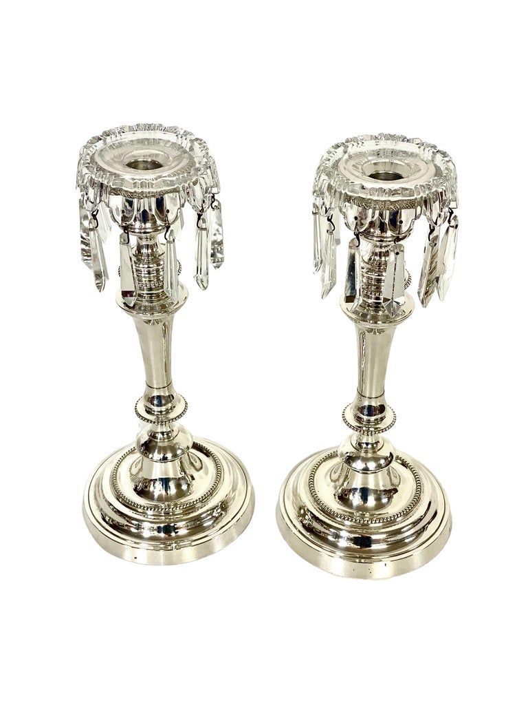 19th Century Morlot Louis XVI Silver-Plated Candlesticks with Crystal Drops