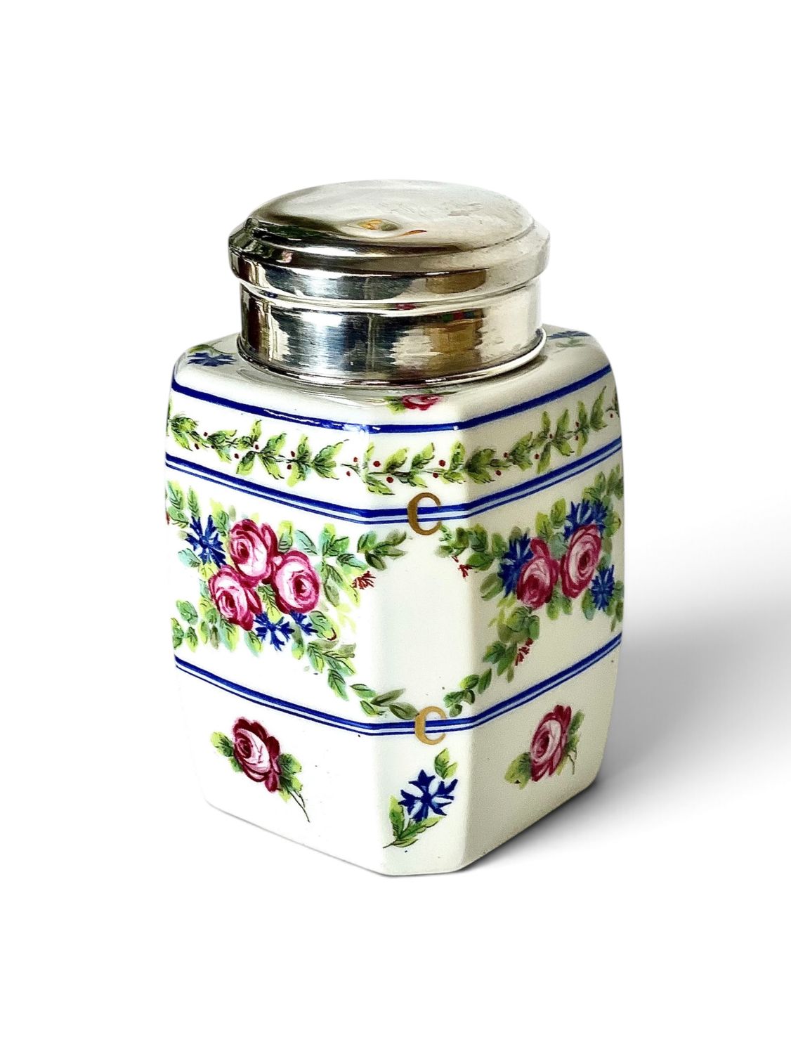 French Limoges Porcelain Tea Caddy with Sterling Silver Lid, circa 1900