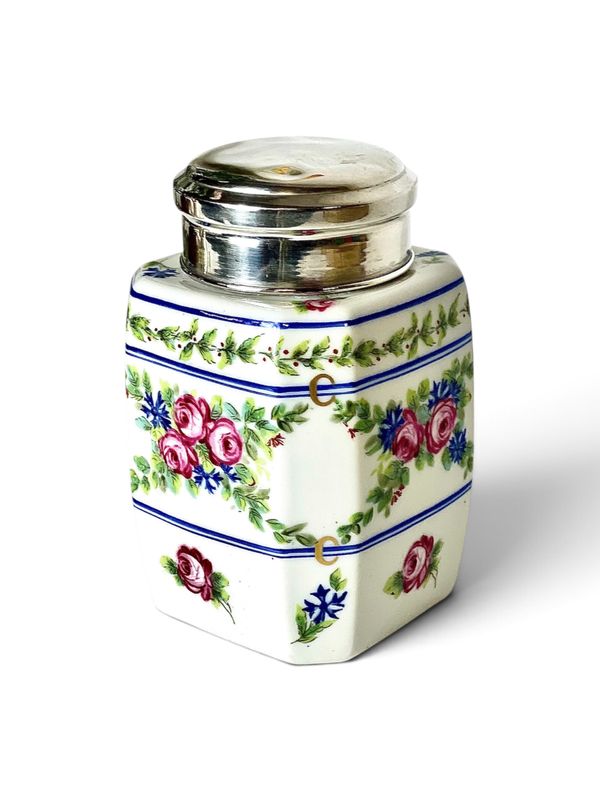 French Limoges Porcelain Tea Caddy with Sterling Silver Lid, circa 1900