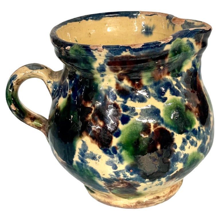 French Rustic Terracotta Pitcher, Hand-Painted Glaze, 19th Century