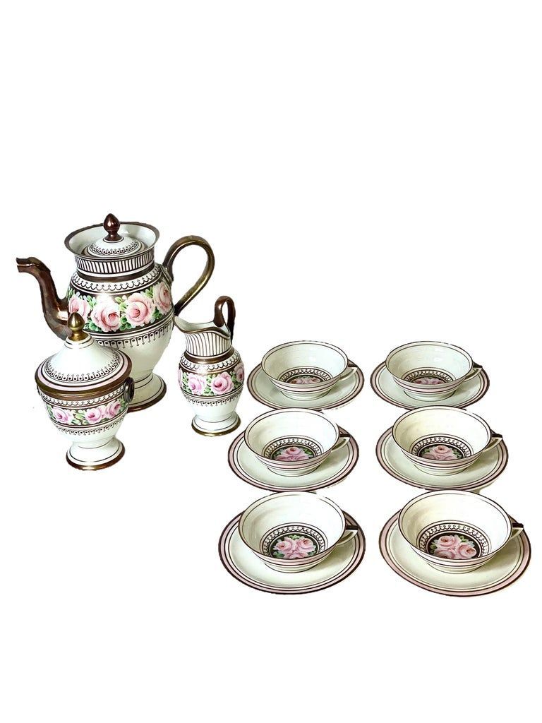 French Epinal Porcelain Tea Set, Rovina V.S., Hand-Painted Roses