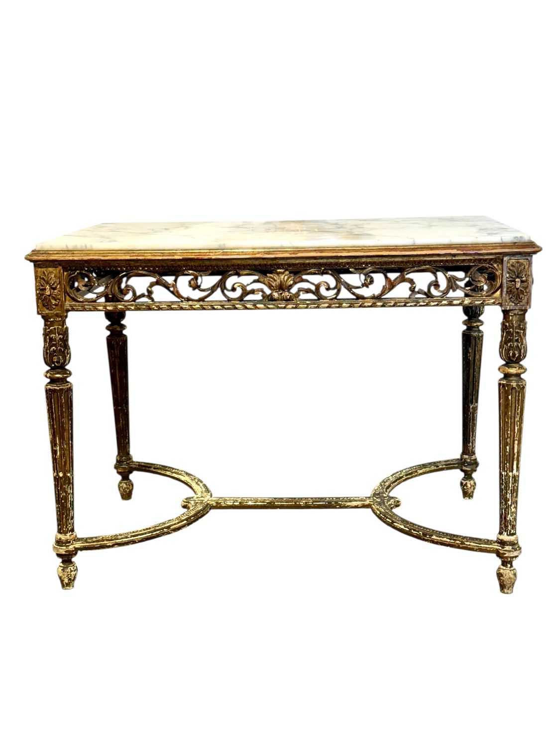 Table de Milieu en bois doré, avec ceinture sculptée et plateau en marbre, France XIXe siècle