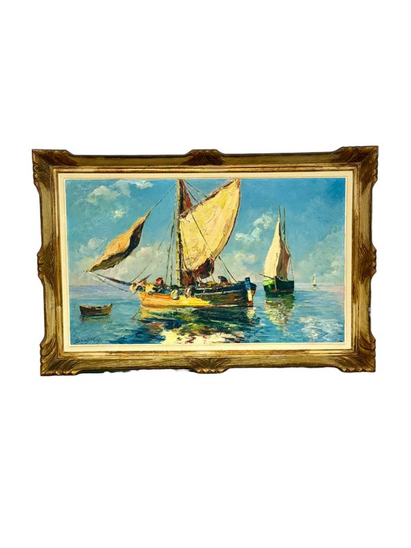 Voiliers côtiers français, Large huile sur panneau de Bernard Régis, vers 1950