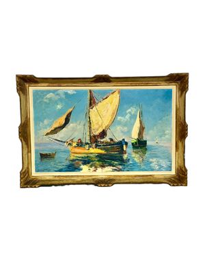 Voiliers côtiers français, Large huile sur panneau de Bernard Régis, vers 1950