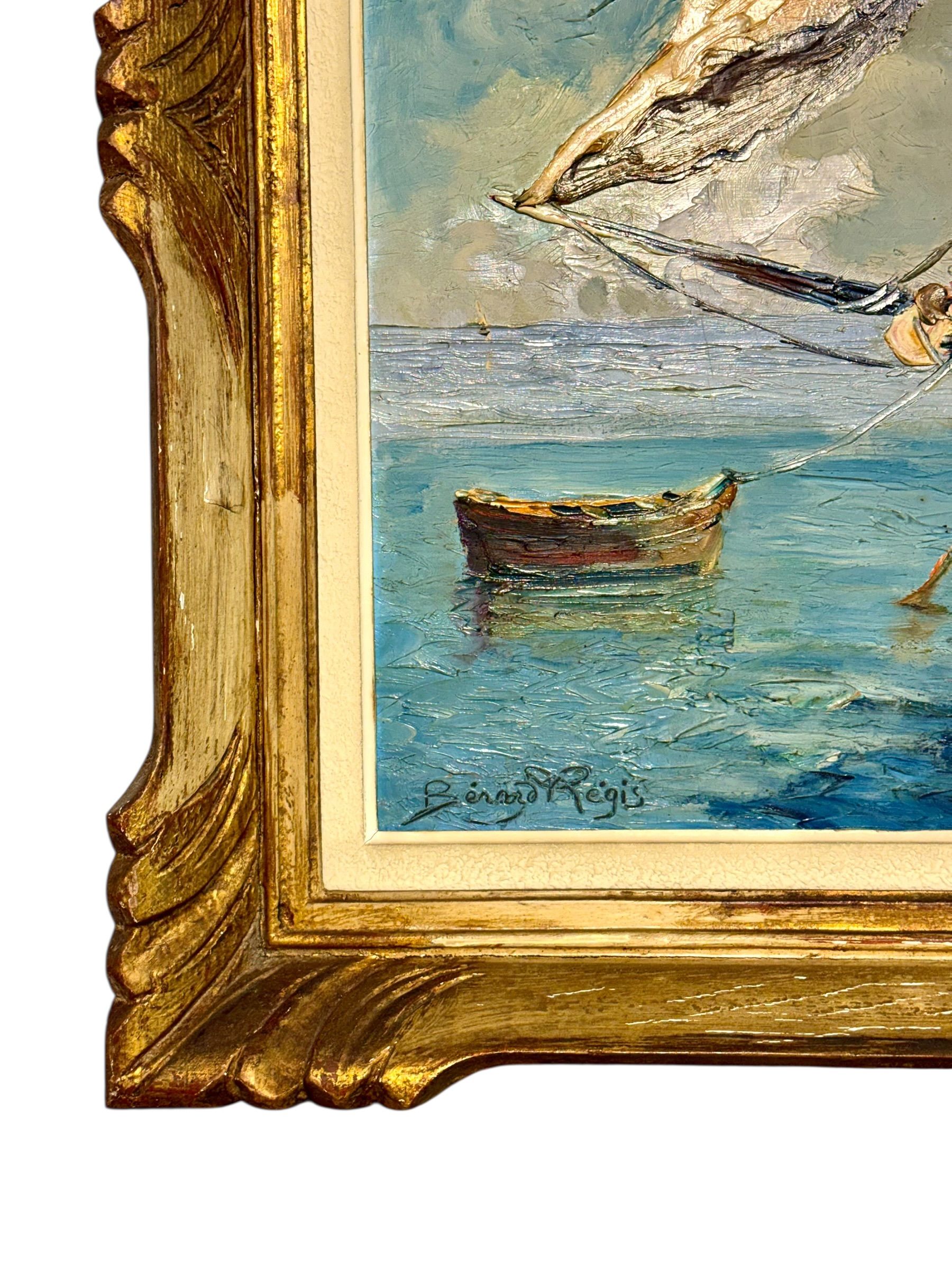 Voiliers côtiers français, Large huile sur panneau de Bernard Régis, vers 1950