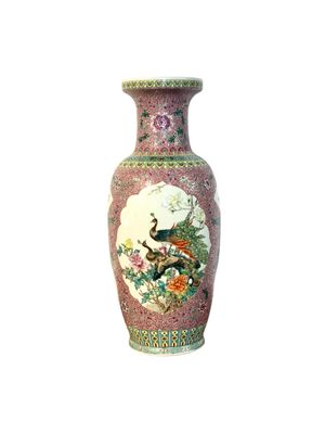 Large Chinese Famille Rose Porcelain Vase with Peacocks