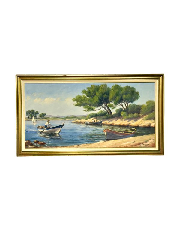Grande Huile sur panneau : scène côtière méditerranéenne avec bateaux par F. Borelly