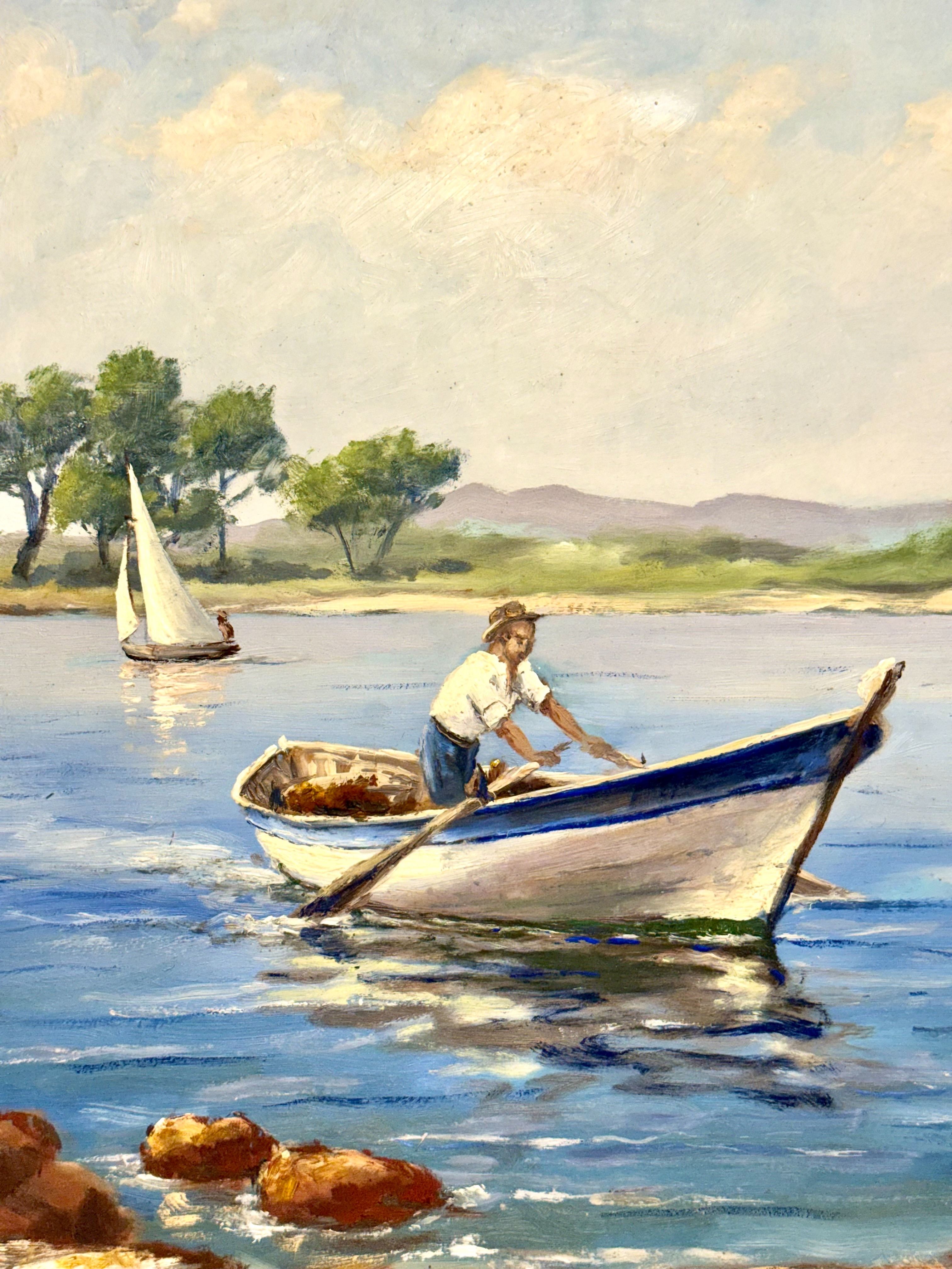 Grande Huile sur panneau : scène côtière méditerranéenne avec bateaux par F. Borelly