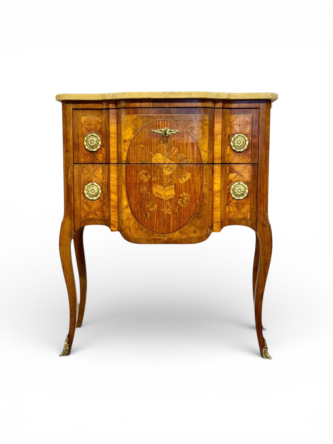Commode marquetée de style Louis XV avec plateau en marbre, fin du XIXe siècle