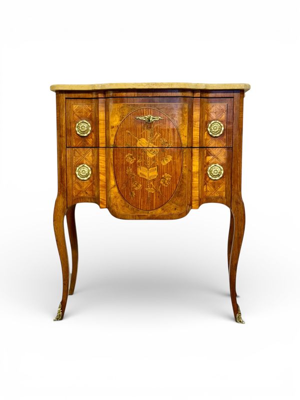 French Louis XV Style Marquetry Commode with Marble Top, Late 19th Century