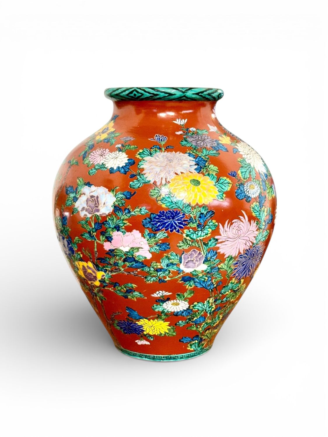 Large Japanese Kutani Style Porcelain Vase with Polychrome Floral Decor