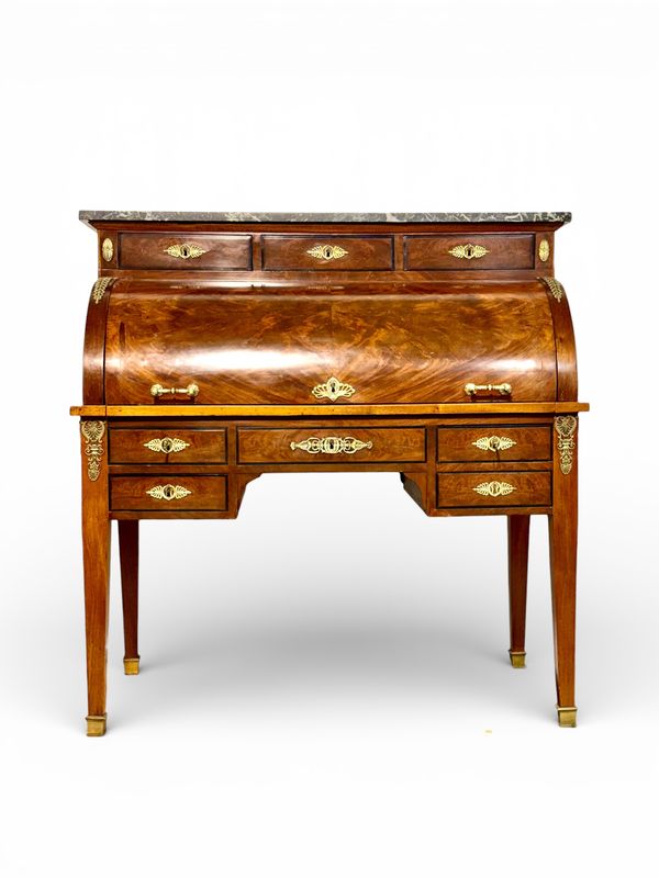 Bureau à cylindre d'époque Restauration , en noyer et marbre, France XIXè siècle