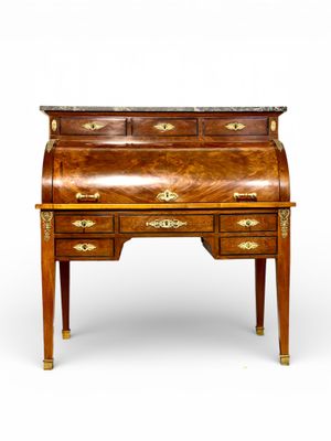 Bureau à cylindre d'époque Restauration , en noyer et marbre, France XIXè siècle