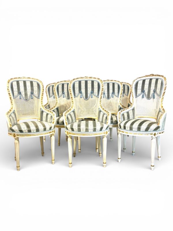 Set of Eight French Louis XVI Style Painted & Gilt Dining Chairs, Caned Backs