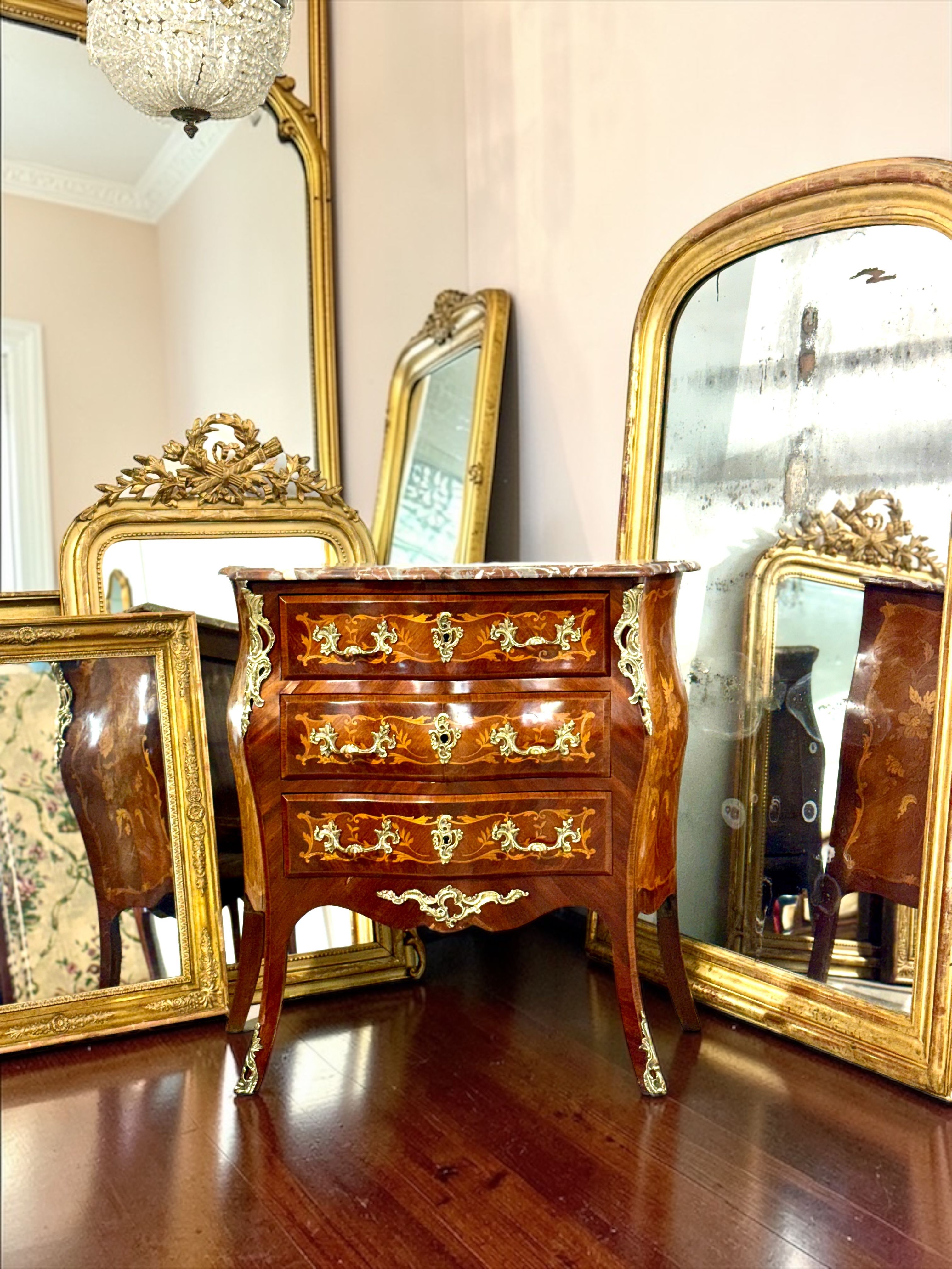 19th Century French Louis XV Style Marquetry Commode with Breccia Marble Top