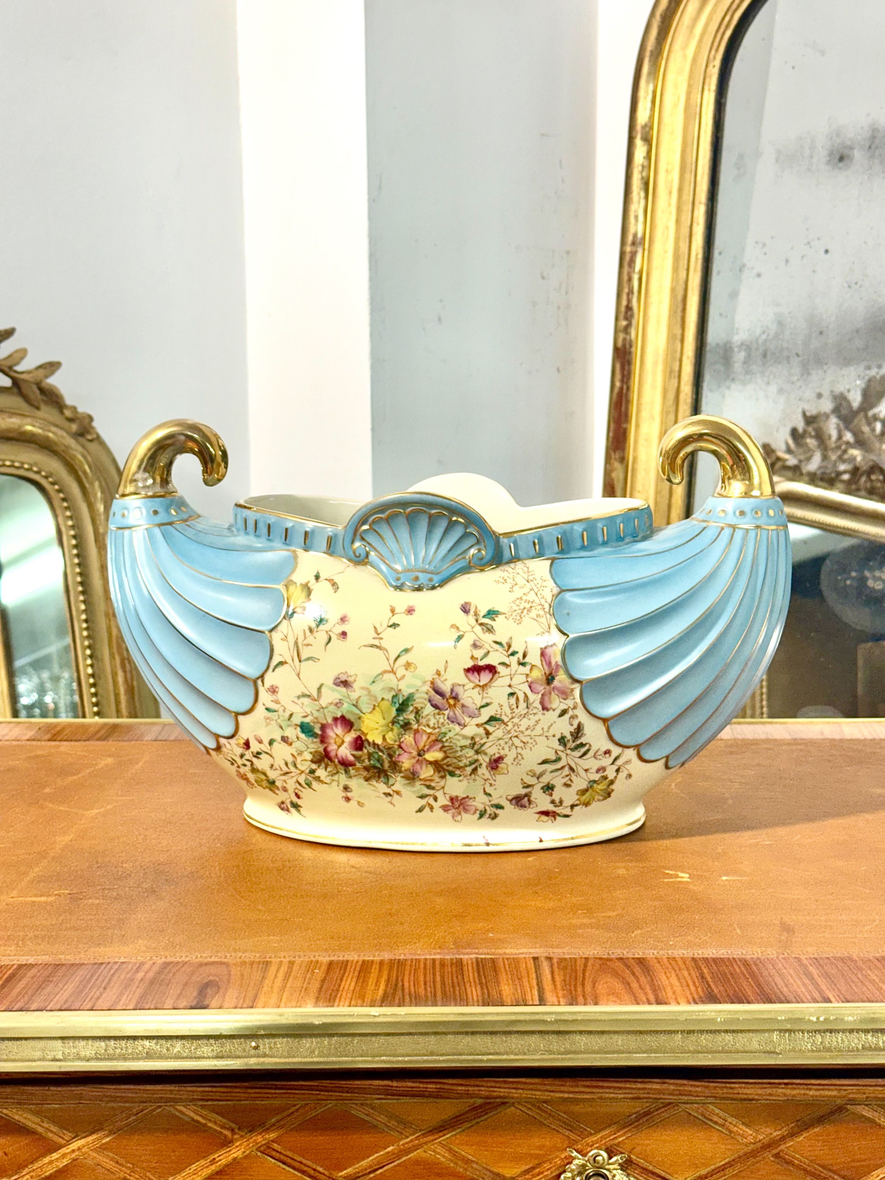 Jardinière Art Nouveau en Faïence avec Poignées Dorées, vers 1900