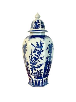 Grand vase hexagonal en porcelaine bleue et blanche avec couvercle, Chinoiserie